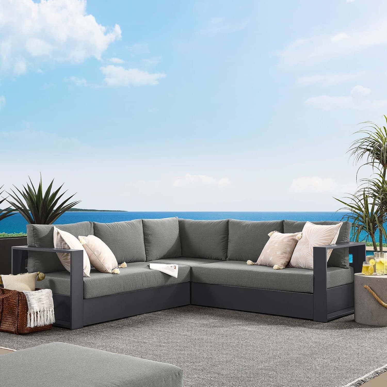 Aluminum 3-Piece Outdoor Patio Furniture Gray White, Modular Sectional Sofa Set with Weather-Resistant Cushions, Ideal for Deck, Backyard Poolside