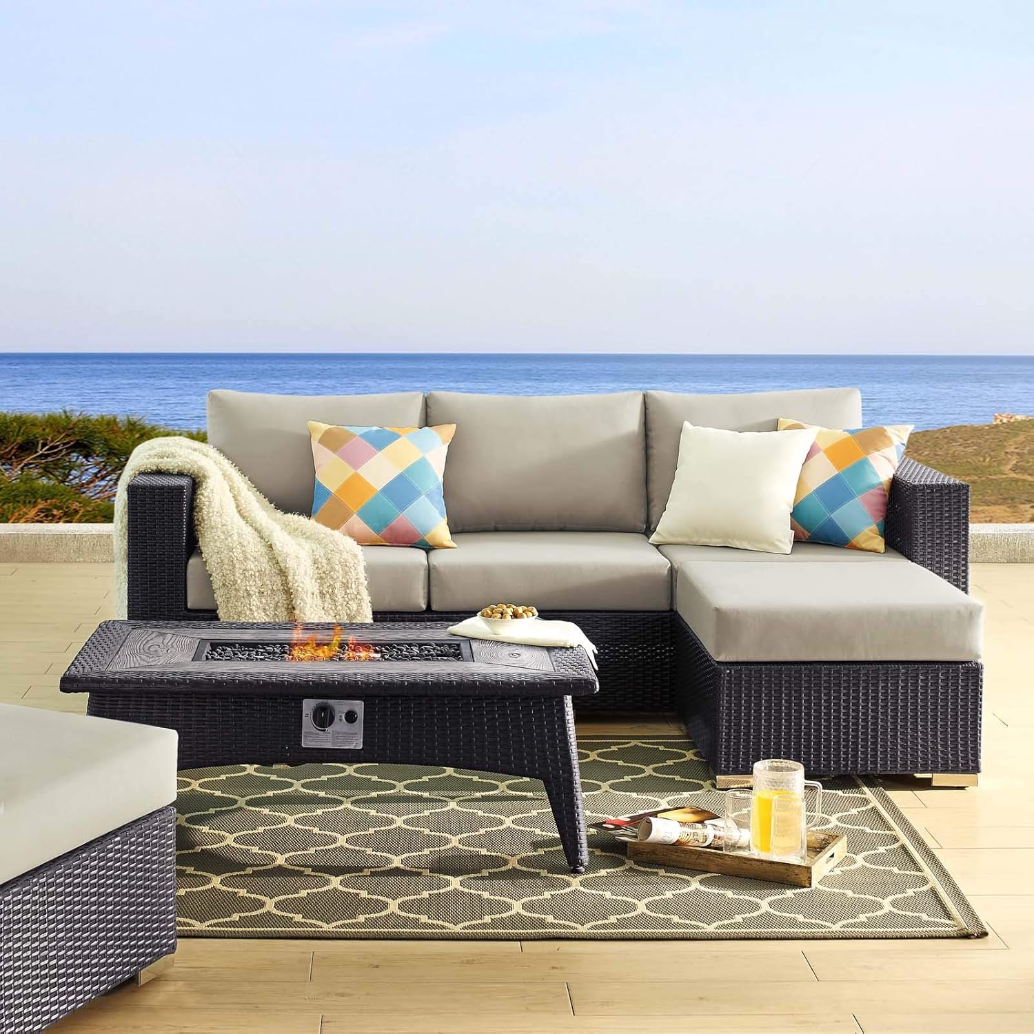  3-Pc Outdoor Patio Sectional Set with Fire Pit