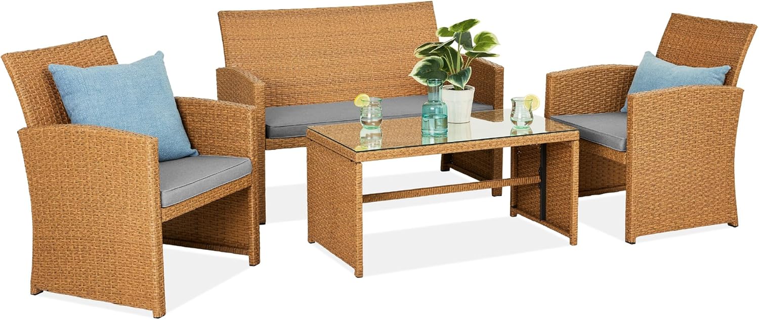 4-Piece Outdoor Wicker Patio Conversation Furniture Set for Backyard w/Coffee Table, Seat Cushions - Brown/Beige
