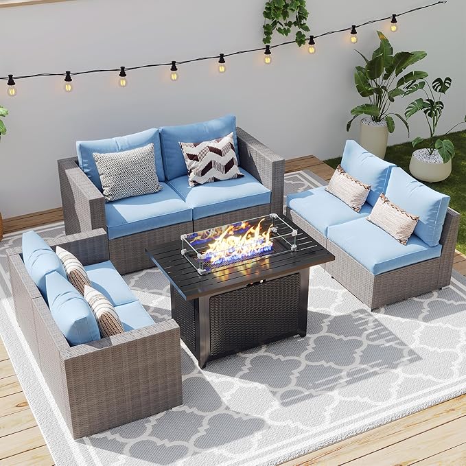 Patio Furniture Set for All Wheather, 7 Pieces Wicker Outdoor Furniture Set with Washable Cushions & Fire Pit Table, Oversized Outdoor Sectional for Garden, Poolside, Backyard, Blue