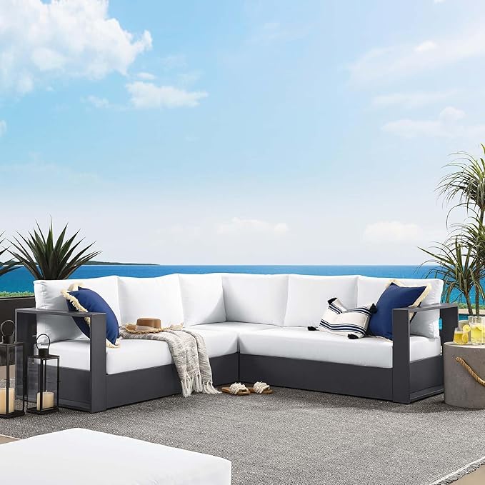 Aluminum 3-Piece Outdoor Patio Furniture Gray White, Modular Sectional Sofa Set with Weather-Resistant Cushions, Ideal for Deck, Backyard Poolside