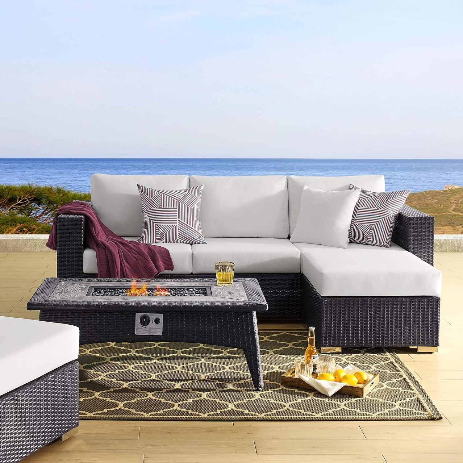  3-Pc Outdoor Patio Sectional Set with Fire Pit