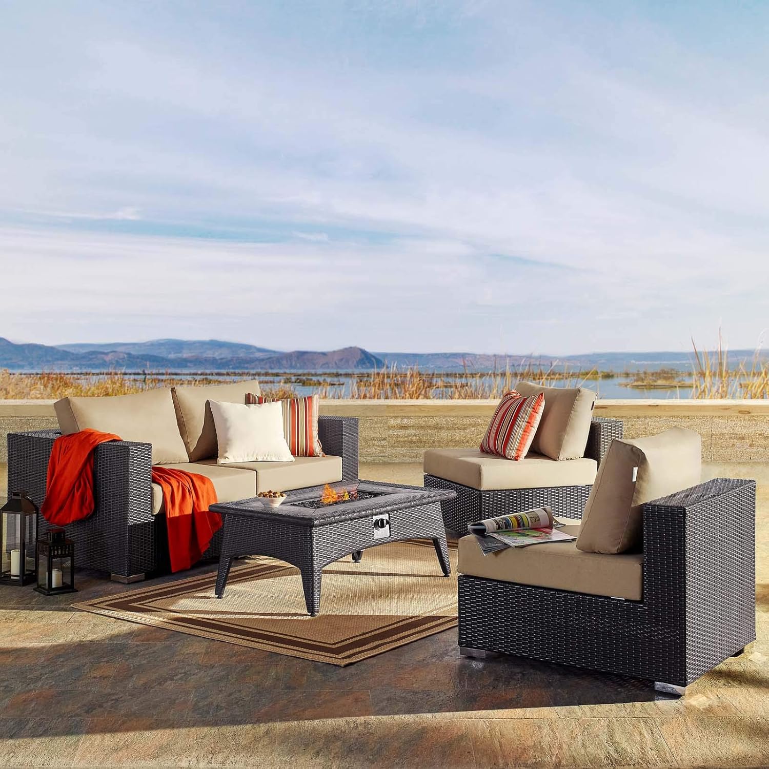  3-Pc Outdoor Patio Sectional Set with Fire Pit