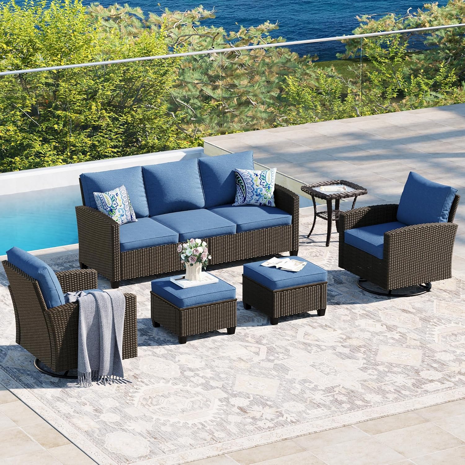  5 Pieces Outdoor Patio Furniture Set with Fire Pit Table, Rattan Wicker Patio Conversation Set with Cushioned 3-Seat Sofa Couch, Patio Loveseat, 2 Sofa Chairs for Garden Backyard Porch, Beige