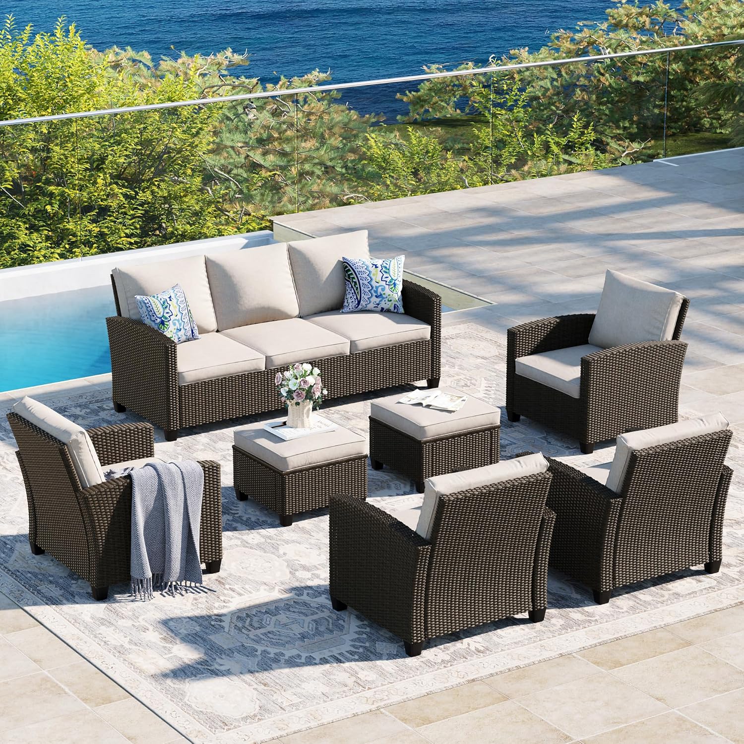  5 Pieces Outdoor Patio Furniture Set with Fire Pit Table, Rattan Wicker Patio Conversation Set with Cushioned 3-Seat Sofa Couch, Patio Loveseat, 2 Sofa Chairs for Garden Backyard Porch, Beige