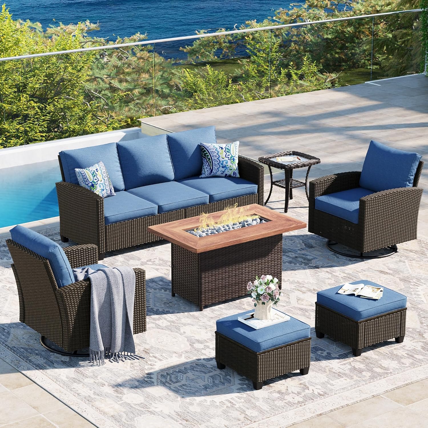  5 Pieces Outdoor Patio Furniture Set with Fire Pit Table, Rattan Wicker Patio Conversation Set with Cushioned 3-Seat Sofa Couch, Patio Loveseat, 2 Sofa Chairs for Garden Backyard Porch, Beige
