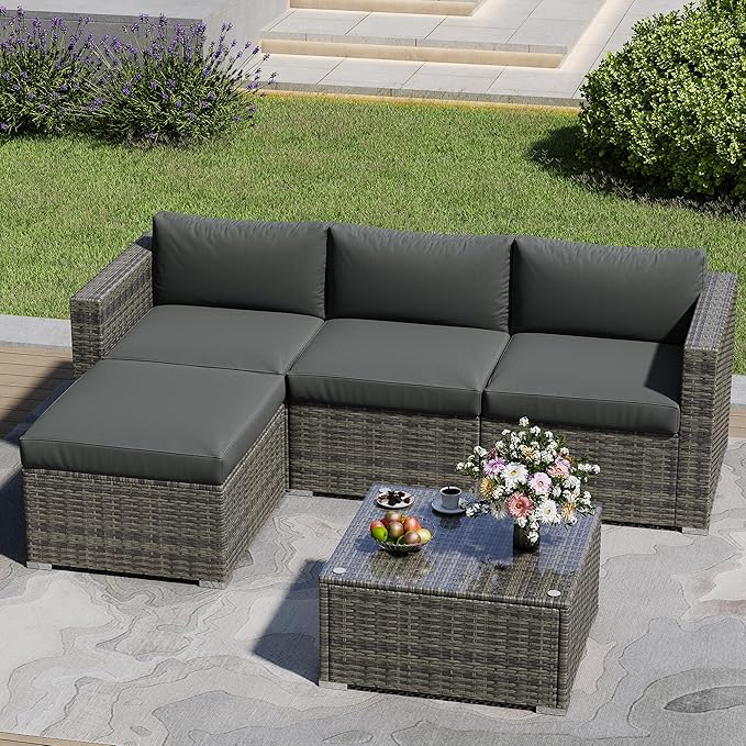 Outdoor Patio Furniture Set, 5 Piece Patio Conversation Set, Waterproof Wicker Patio Furniture Set, All Weather Combination Patio Conversation Sets with Cushions and Glass Table, Grey