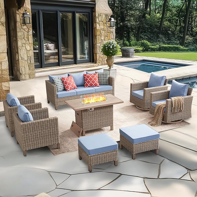 8 Pieces Patio Furniture, Wicker Sectional Sofa, Swivel Chairs, Fire Pit Table