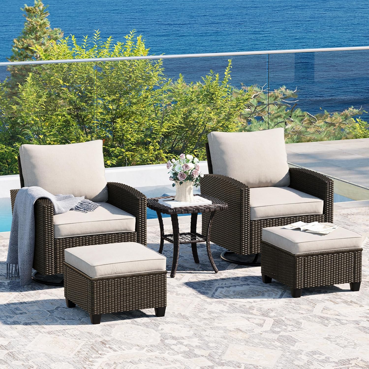  5 Pieces Outdoor Patio Furniture Set with Fire Pit Table, Rattan Wicker Patio Conversation Set with Cushioned 3-Seat Sofa Couch, Patio Loveseat, 2 Sofa Chairs for Garden Backyard Porch, Beige