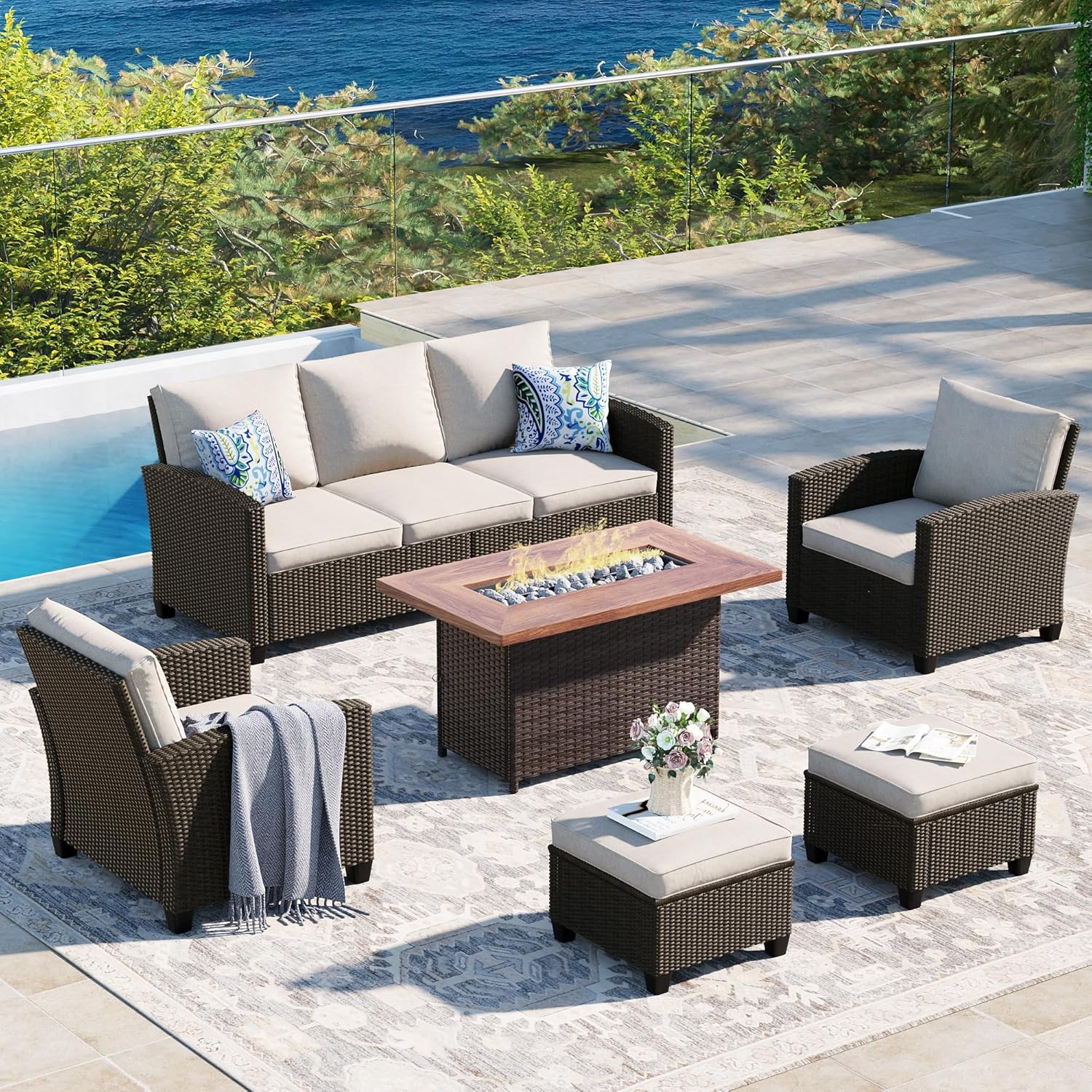  5 Pieces Outdoor Patio Furniture Set with Fire Pit Table, Rattan Wicker Patio Conversation Set with Cushioned 3-Seat Sofa Couch, Patio Loveseat, 2 Sofa Chairs for Garden Backyard Porch, Beige