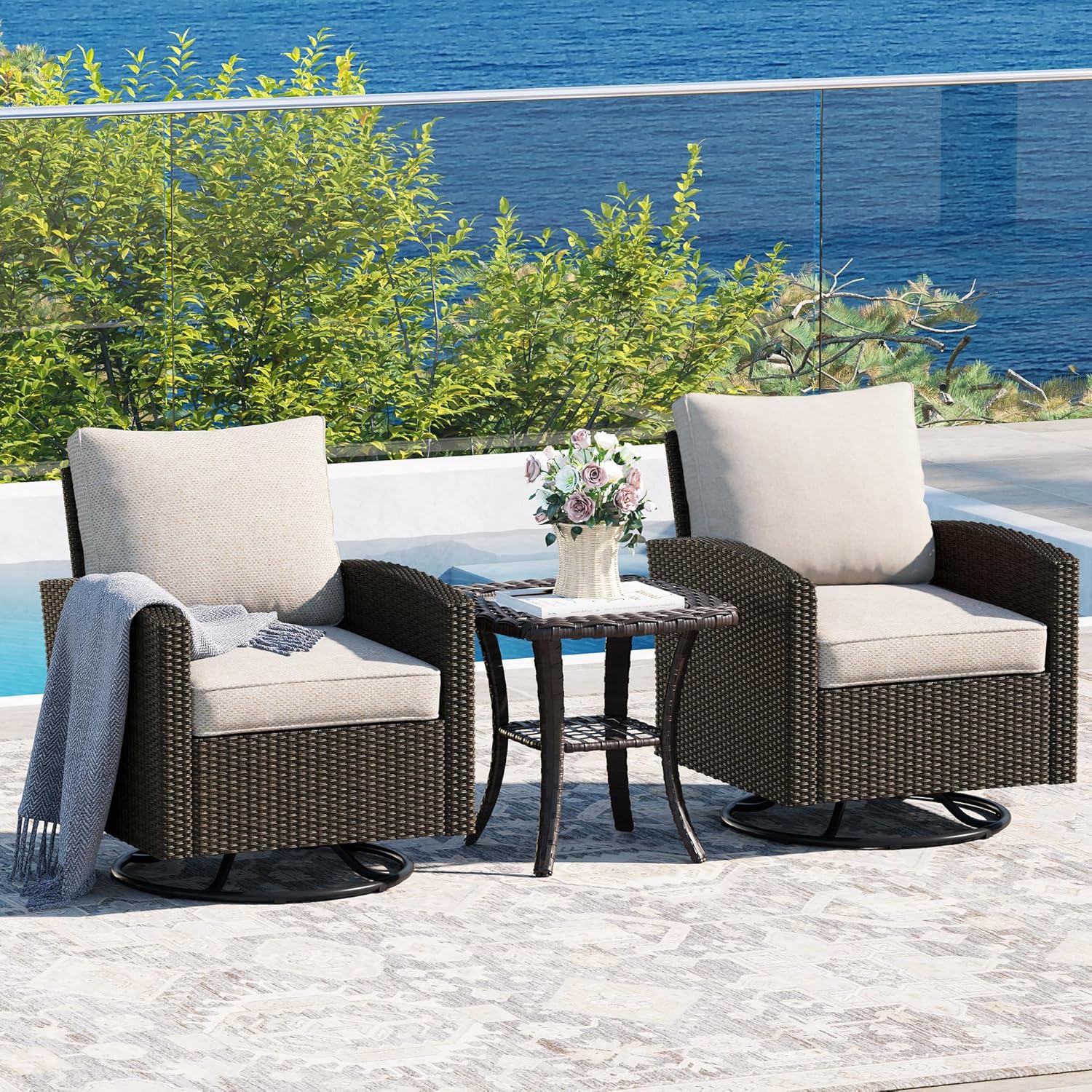  5 Pieces Outdoor Patio Furniture Set with Fire Pit Table, Rattan Wicker Patio Conversation Set with Cushioned 3-Seat Sofa Couch, Patio Loveseat, 2 Sofa Chairs for Garden Backyard Porch, Beige