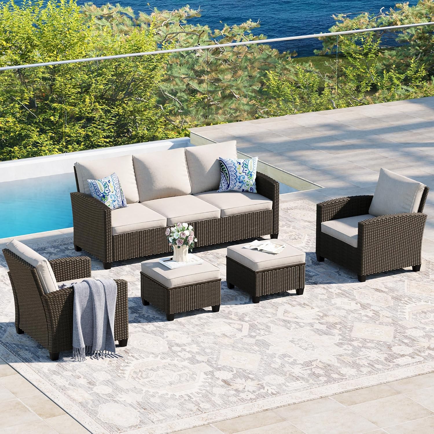  5 Pieces Outdoor Patio Furniture Set with Fire Pit Table, Rattan Wicker Patio Conversation Set with Cushioned 3-Seat Sofa Couch, Patio Loveseat, 2 Sofa Chairs for Garden Backyard Porch, Beige