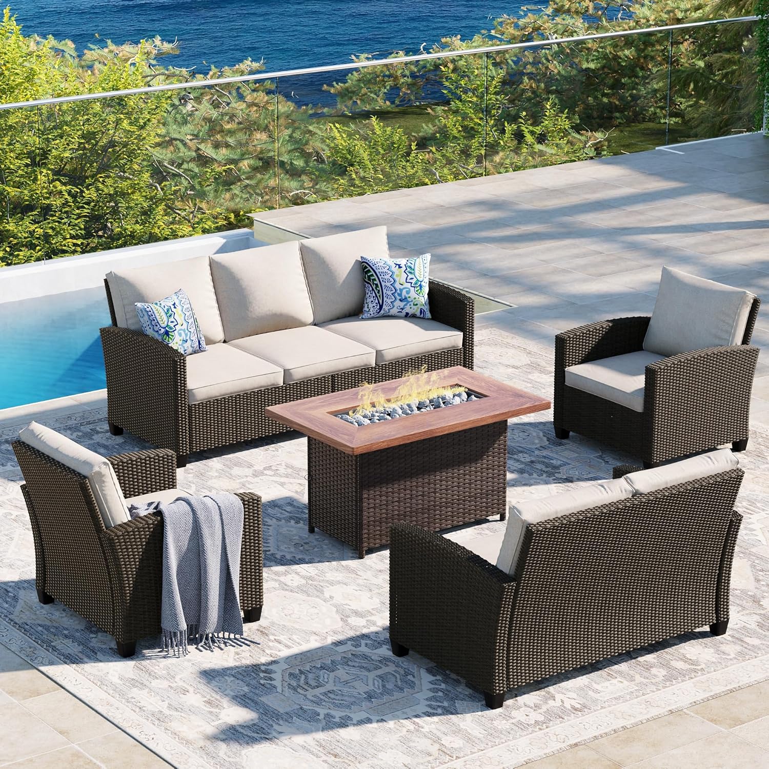  5 Pieces Outdoor Patio Furniture Set with Fire Pit Table, Rattan Wicker Patio Conversation Set with Cushioned 3-Seat Sofa Couch, Patio Loveseat, 2 Sofa Chairs for Garden Backyard Porch, Beige