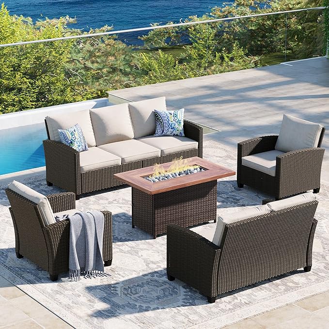  5 Pieces Outdoor Patio Furniture Set with Fire Pit Table, Rattan Wicker Patio Conversation Set with Cushioned 3-Seat Sofa Couch, Patio Loveseat, 2 Sofa Chairs for Garden Backyard Porch, Beige