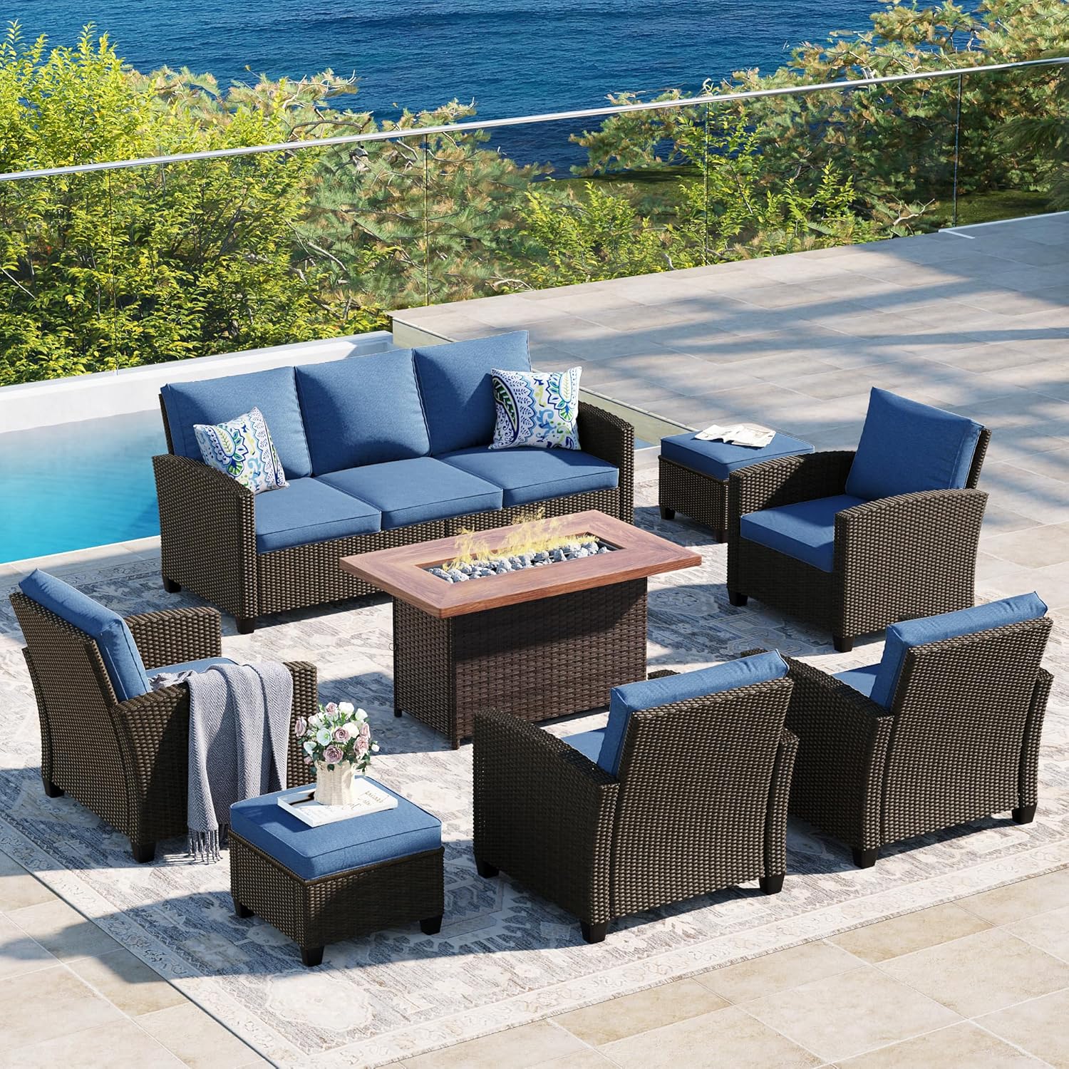  5 Pieces Outdoor Patio Furniture Set with Fire Pit Table, Rattan Wicker Patio Conversation Set with Cushioned 3-Seat Sofa Couch, Patio Loveseat, 2 Sofa Chairs for Garden Backyard Porch, Beige
