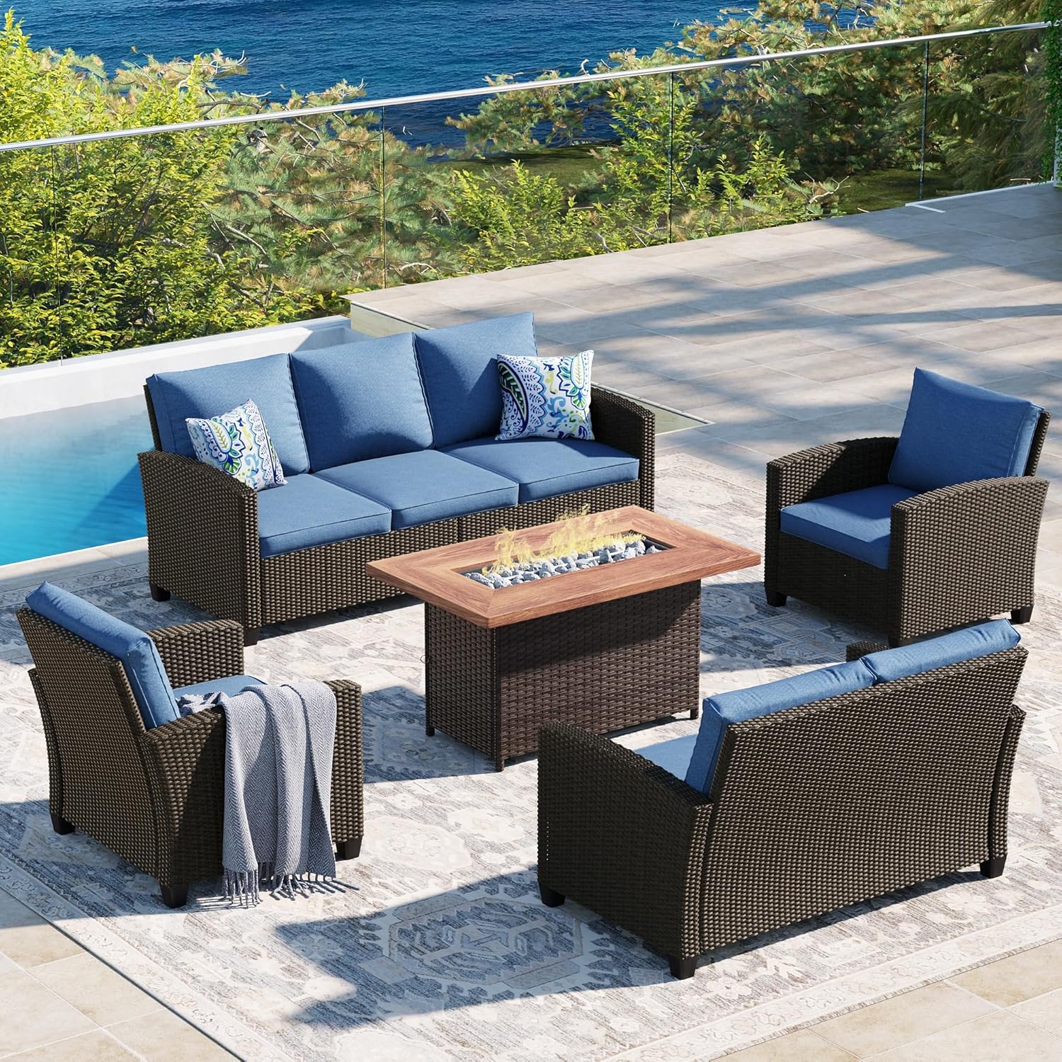  5 Pieces Outdoor Patio Furniture Set with Fire Pit Table, Rattan Wicker Patio Conversation Set with Cushioned 3-Seat Sofa Couch, Patio Loveseat, 2 Sofa Chairs for Garden Backyard Porch, Beige