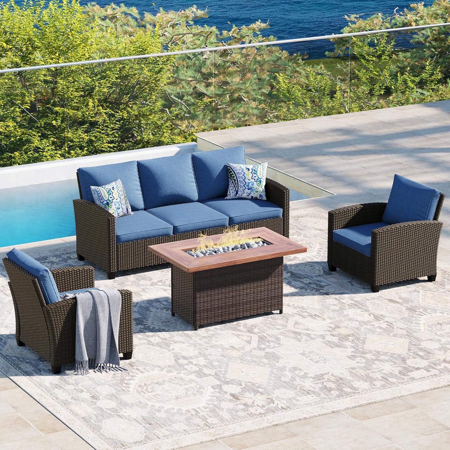 5 Pieces Outdoor Patio Furniture Set with Fire Pit Table, Rattan Wicker Patio Conversation Set with Cushioned 3-Seat Sofa Couch, Patio Loveseat, 2 Sofa Chairs for Garden Backyard Porch, Beige