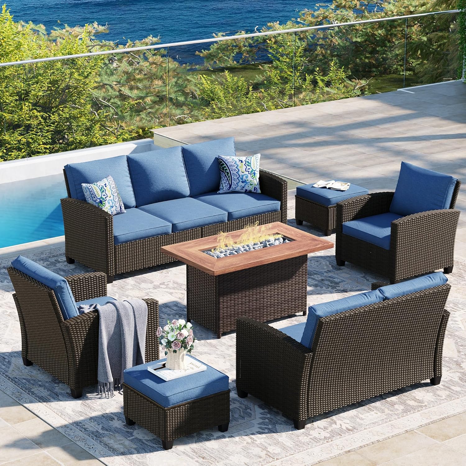  5 Pieces Outdoor Patio Furniture Set with Fire Pit Table, Rattan Wicker Patio Conversation Set with Cushioned 3-Seat Sofa Couch, Patio Loveseat, 2 Sofa Chairs for Garden Backyard Porch, Beige