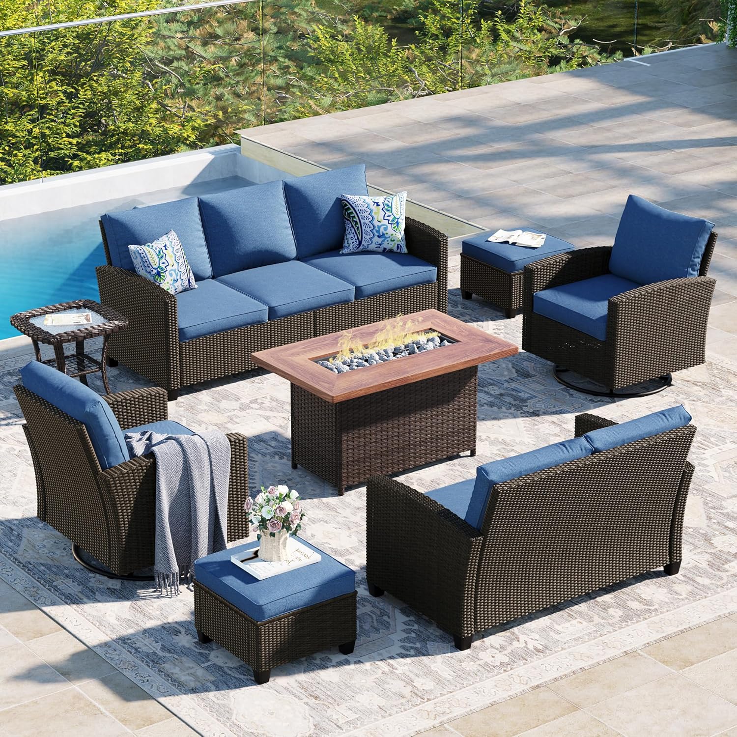  5 Pieces Outdoor Patio Furniture Set with Fire Pit Table, Rattan Wicker Patio Conversation Set with Cushioned 3-Seat Sofa Couch, Patio Loveseat, 2 Sofa Chairs for Garden Backyard Porch, Beige