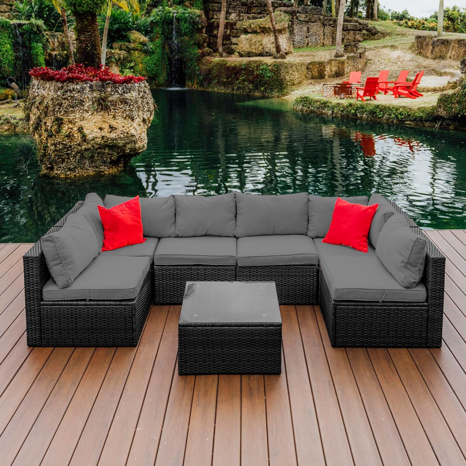 Patio Furniture Set 7 Piece Outdoor Conversation Set with Black Wicker Sectional and Off White Cushions