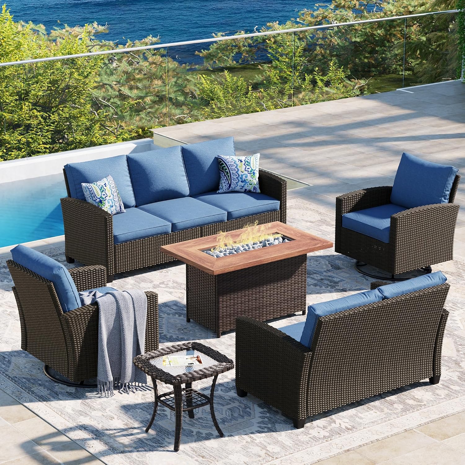  5 Pieces Outdoor Patio Furniture Set with Fire Pit Table, Rattan Wicker Patio Conversation Set with Cushioned 3-Seat Sofa Couch, Patio Loveseat, 2 Sofa Chairs for Garden Backyard Porch, Beige