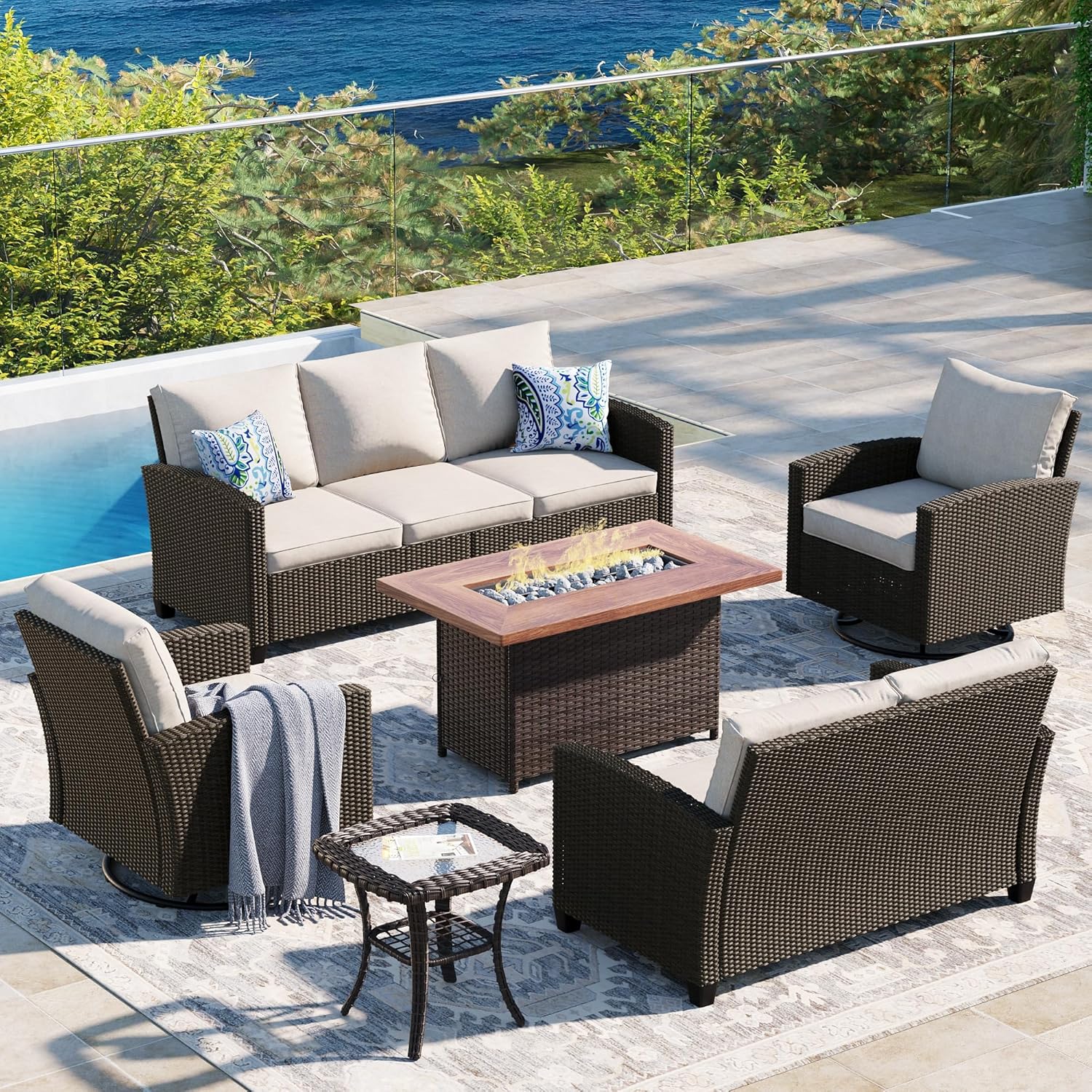  5 Pieces Outdoor Patio Furniture Set with Fire Pit Table, Rattan Wicker Patio Conversation Set with Cushioned 3-Seat Sofa Couch, Patio Loveseat, 2 Sofa Chairs for Garden Backyard Porch, Beige