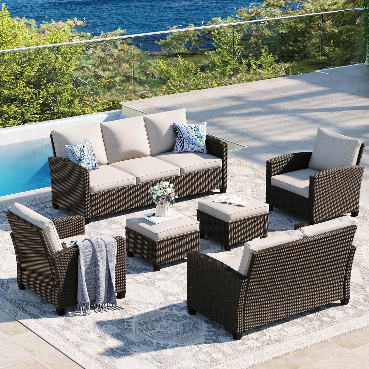  5 Pieces Outdoor Patio Furniture Set with Fire Pit Table, Rattan Wicker Patio Conversation Set with Cushioned 3-Seat Sofa Couch, Patio Loveseat, 2 Sofa Chairs for Garden Backyard Porch, Beige