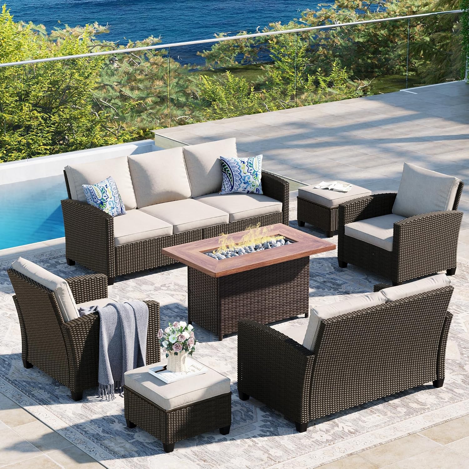  5 Pieces Outdoor Patio Furniture Set with Fire Pit Table, Rattan Wicker Patio Conversation Set with Cushioned 3-Seat Sofa Couch, Patio Loveseat, 2 Sofa Chairs for Garden Backyard Porch, Beige