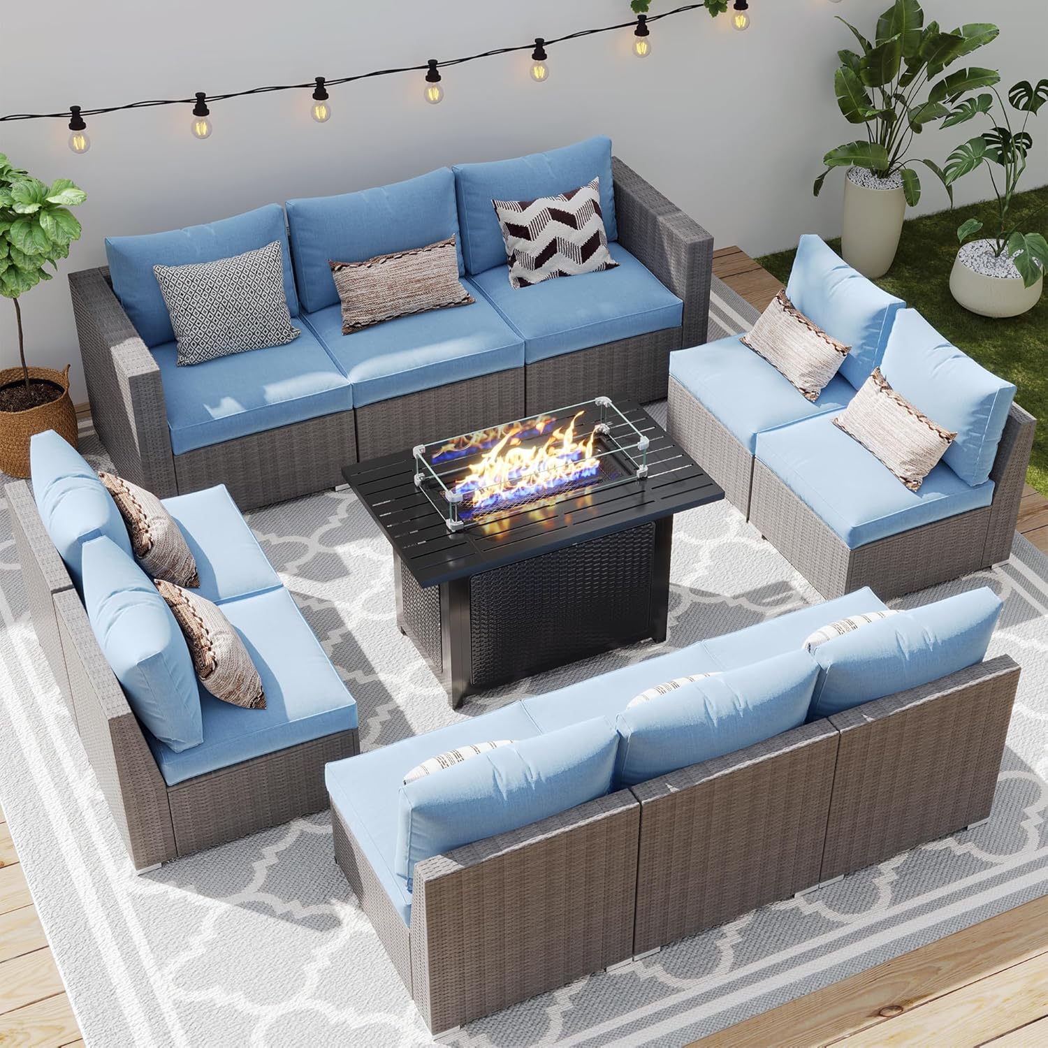  Patio Furniture Set for All Wheather, 7 Pieces Wicker Outdoor Furniture Set with Washable Cushions & Fire Pit Table, Oversized Outdoor Sectional for Garden, Poolside, Backyard, Blue