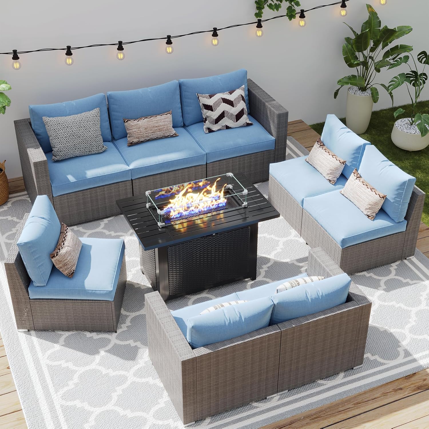  Patio Furniture Set for All Wheather, 7 Pieces Wicker Outdoor Furniture Set with Washable Cushions & Fire Pit Table, Oversized Outdoor Sectional for Garden, Poolside, Backyard, Blue
