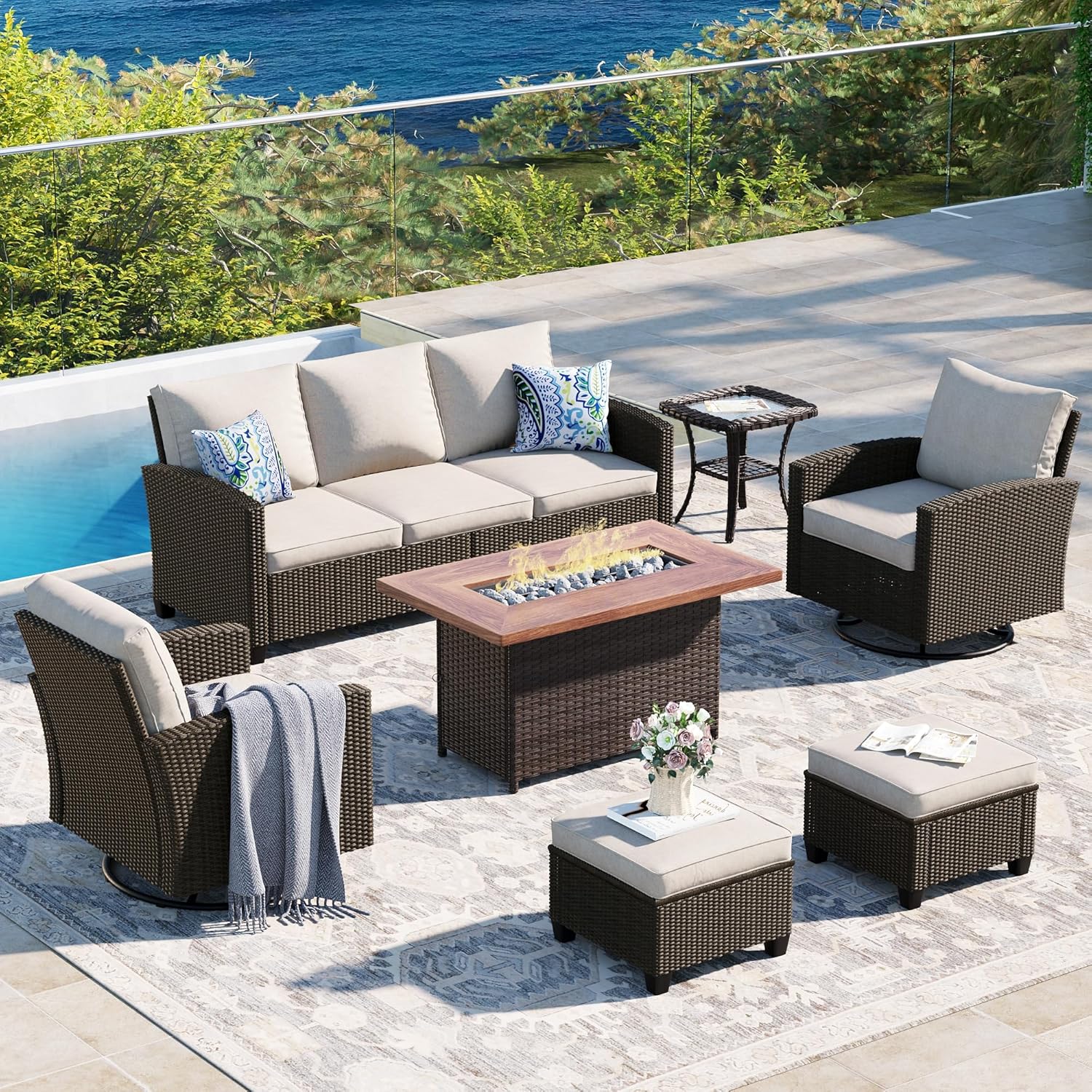  5 Pieces Outdoor Patio Furniture Set with Fire Pit Table, Rattan Wicker Patio Conversation Set with Cushioned 3-Seat Sofa Couch, Patio Loveseat, 2 Sofa Chairs for Garden Backyard Porch, Beige