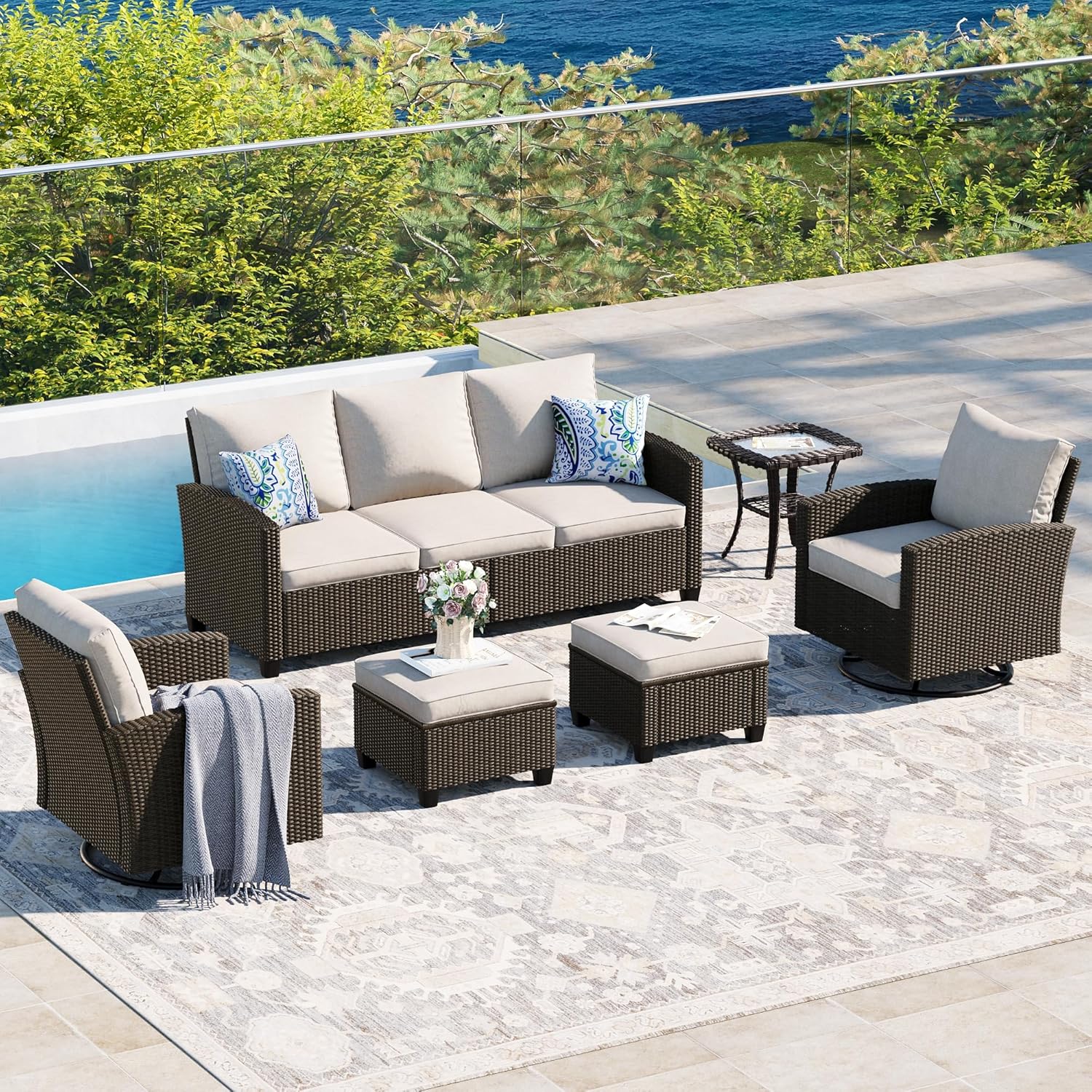  5 Pieces Outdoor Patio Furniture Set with Fire Pit Table, Rattan Wicker Patio Conversation Set with Cushioned 3-Seat Sofa Couch, Patio Loveseat, 2 Sofa Chairs for Garden Backyard Porch, Beige