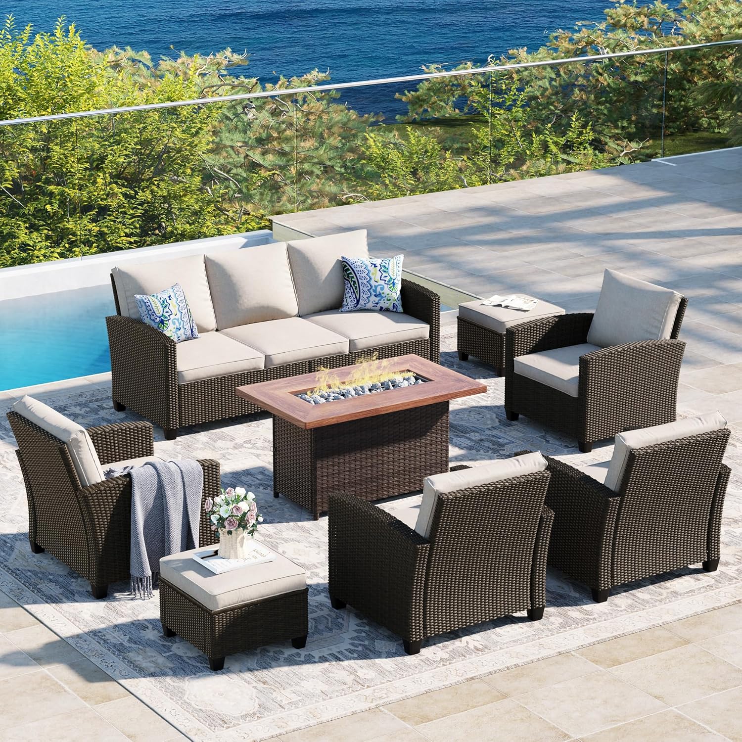  5 Pieces Outdoor Patio Furniture Set with Fire Pit Table, Rattan Wicker Patio Conversation Set with Cushioned 3-Seat Sofa Couch, Patio Loveseat, 2 Sofa Chairs for Garden Backyard Porch, Beige