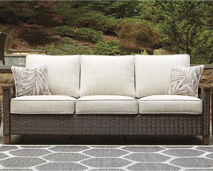  Outdoor Patio Sofa with Cushion and 2 Throw Pillows, Cleanable Performance Fabric