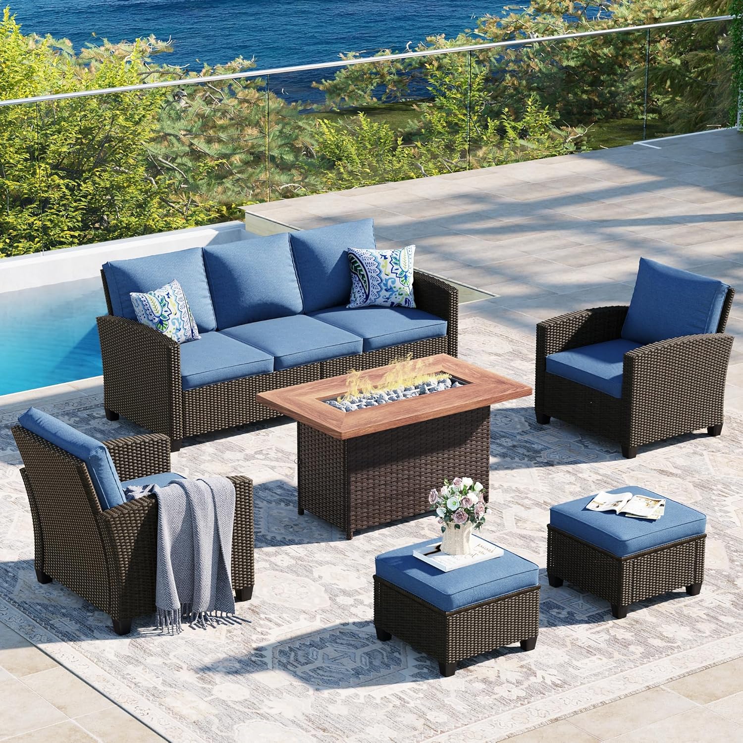  5 Pieces Outdoor Patio Furniture Set with Fire Pit Table, Rattan Wicker Patio Conversation Set with Cushioned 3-Seat Sofa Couch, Patio Loveseat, 2 Sofa Chairs for Garden Backyard Porch, Beige