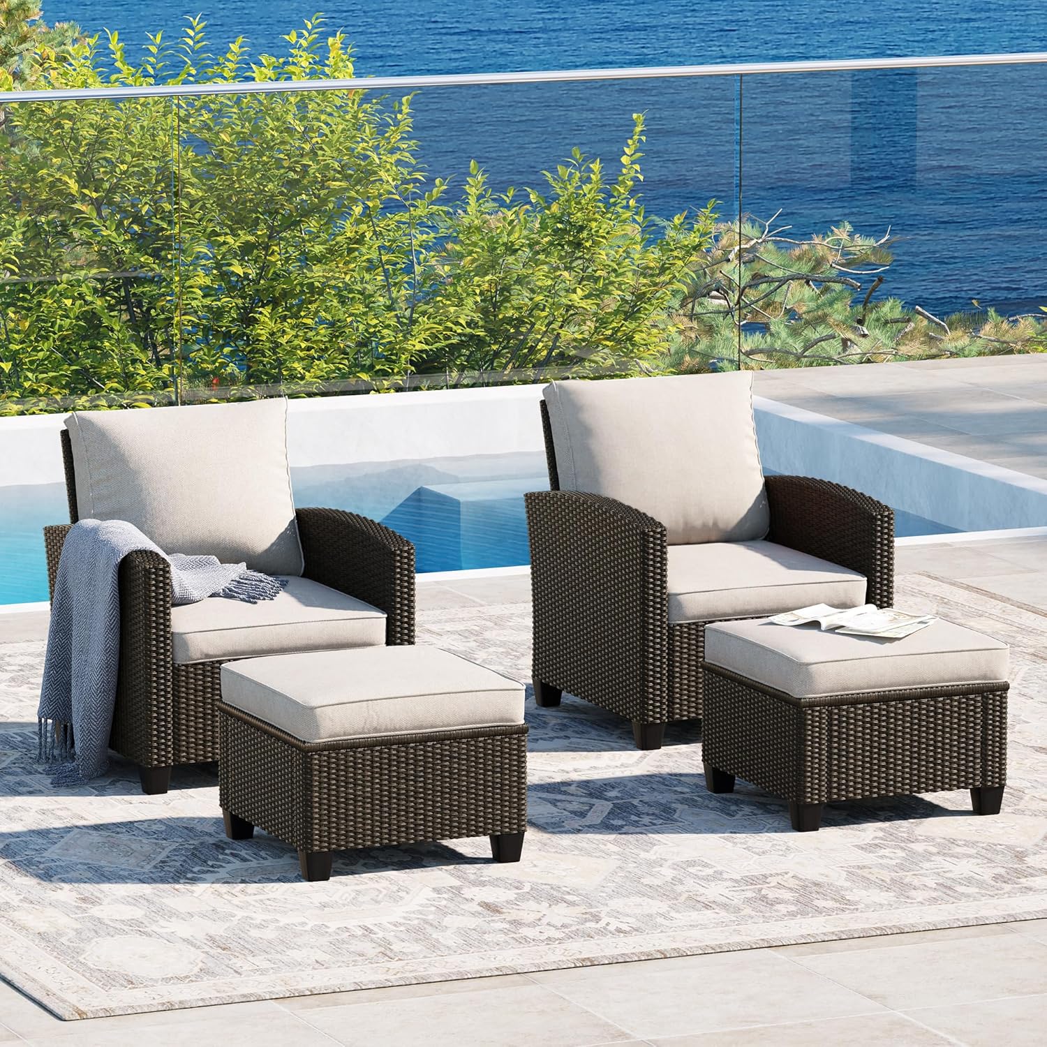  5 Pieces Outdoor Patio Furniture Set with Fire Pit Table, Rattan Wicker Patio Conversation Set with Cushioned 3-Seat Sofa Couch, Patio Loveseat, 2 Sofa Chairs for Garden Backyard Porch, Beige