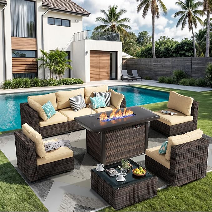  8 Pieces Patio Furniture Set with 44" Fire Pit Table, Outdoor Sectional Sofa PE Rattan Conversation Sets with Coffee Table for Garden Lawn Balcony Beige