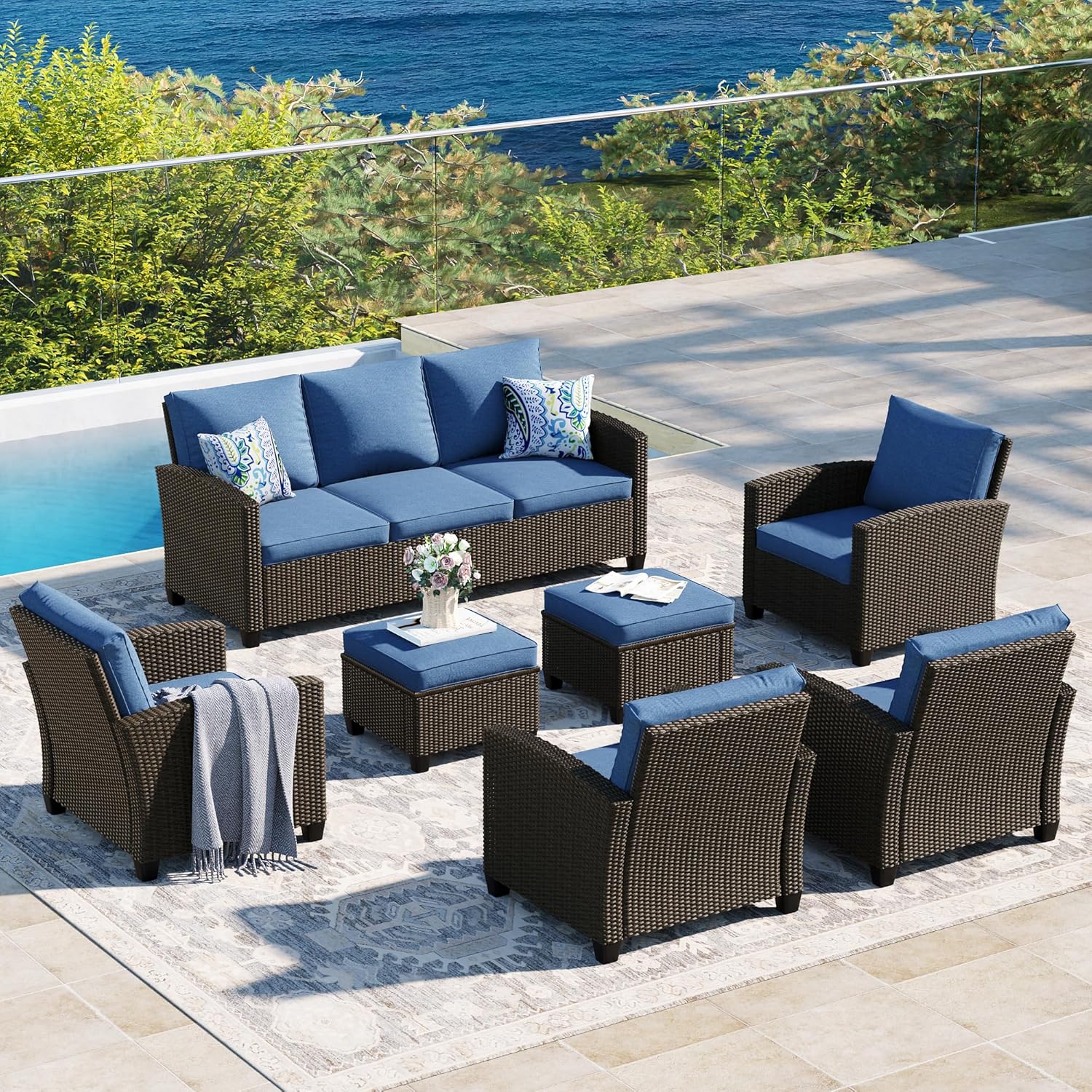  5 Pieces Outdoor Patio Furniture Set with Fire Pit Table, Rattan Wicker Patio Conversation Set with Cushioned 3-Seat Sofa Couch, Patio Loveseat, 2 Sofa Chairs for Garden Backyard Porch, Beige