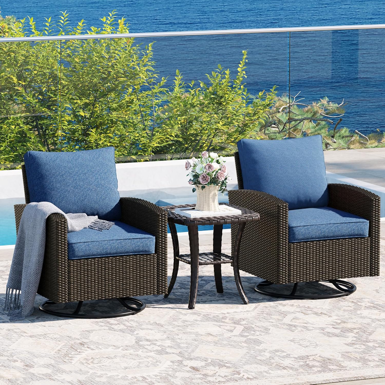  5 Pieces Outdoor Patio Furniture Set with Fire Pit Table, Rattan Wicker Patio Conversation Set with Cushioned 3-Seat Sofa Couch, Patio Loveseat, 2 Sofa Chairs for Garden Backyard Porch, Beige