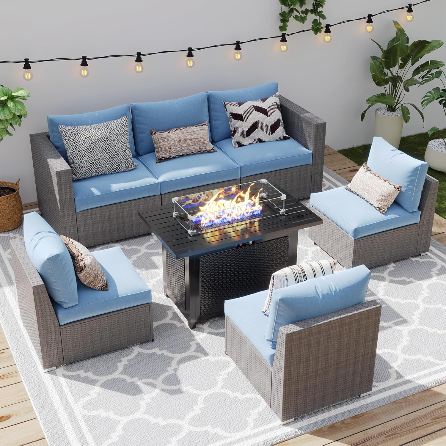  Patio Furniture Set for All Wheather, 7 Pieces Wicker Outdoor Furniture Set with Washable Cushions & Fire Pit Table, Oversized Outdoor Sectional for Garden, Poolside, Backyard, Blue