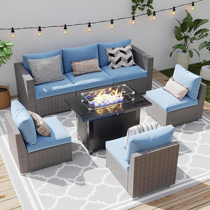  Patio Furniture Set for All Wheather, 7 Pieces Wicker Outdoor Furniture Set with Washable Cushions & Fire Pit Table, Oversized Outdoor Sectional for Garden, Poolside, Backyard, Blue