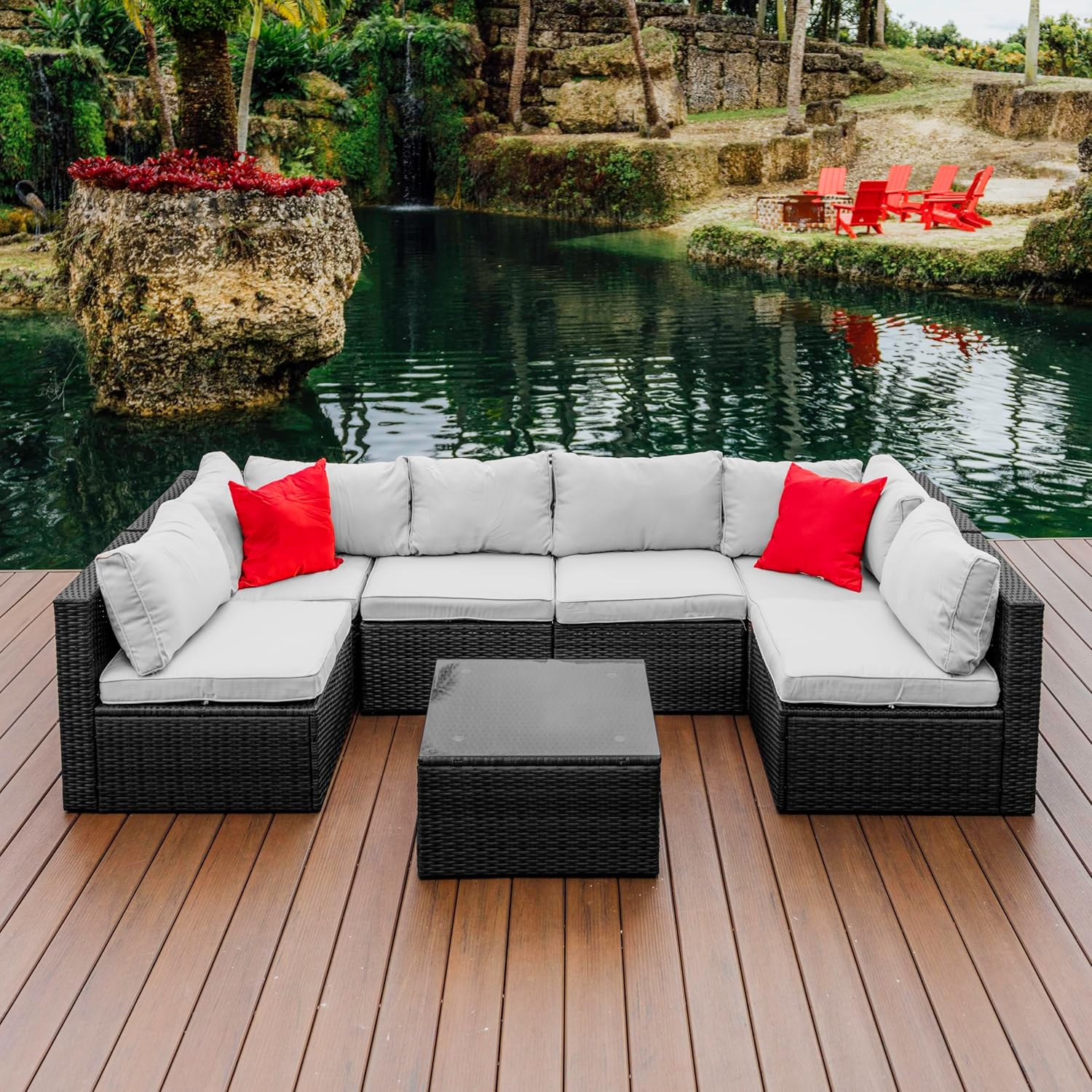 Patio Furniture Set 7 Piece Outdoor Conversation Set with Black Wicker Sectional and Off White Cushions