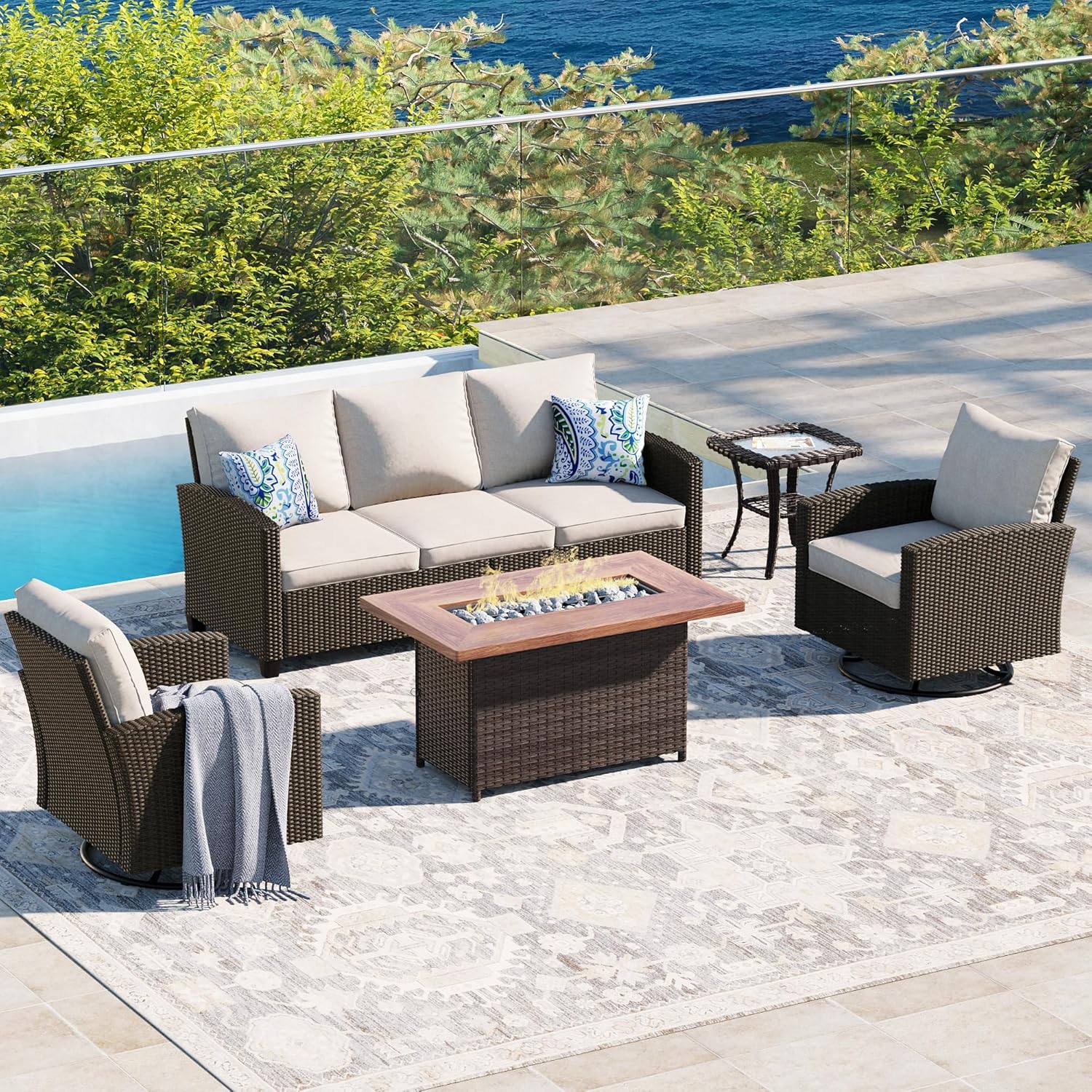  5 Pieces Outdoor Patio Furniture Set with Fire Pit Table, Rattan Wicker Patio Conversation Set with Cushioned 3-Seat Sofa Couch, Patio Loveseat, 2 Sofa Chairs for Garden Backyard Porch, Beige