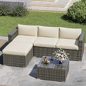 5 Piece Outdoor Patio Sectional Furniture Set, Weather Resistant Rattan Outside Couch, Waterproof Conversation Sofa for Balcony, Porch, Backyard, Deck, Garden,Beige