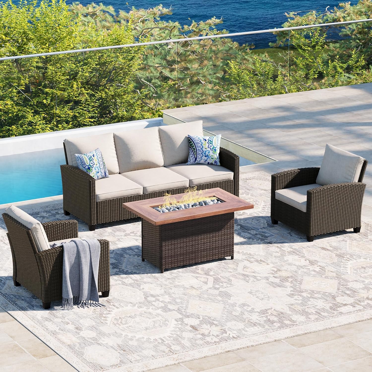  5 Pieces Outdoor Patio Furniture Set with Fire Pit Table, Rattan Wicker Patio Conversation Set with Cushioned 3-Seat Sofa Couch, Patio Loveseat, 2 Sofa Chairs for Garden Backyard Porch, Beige