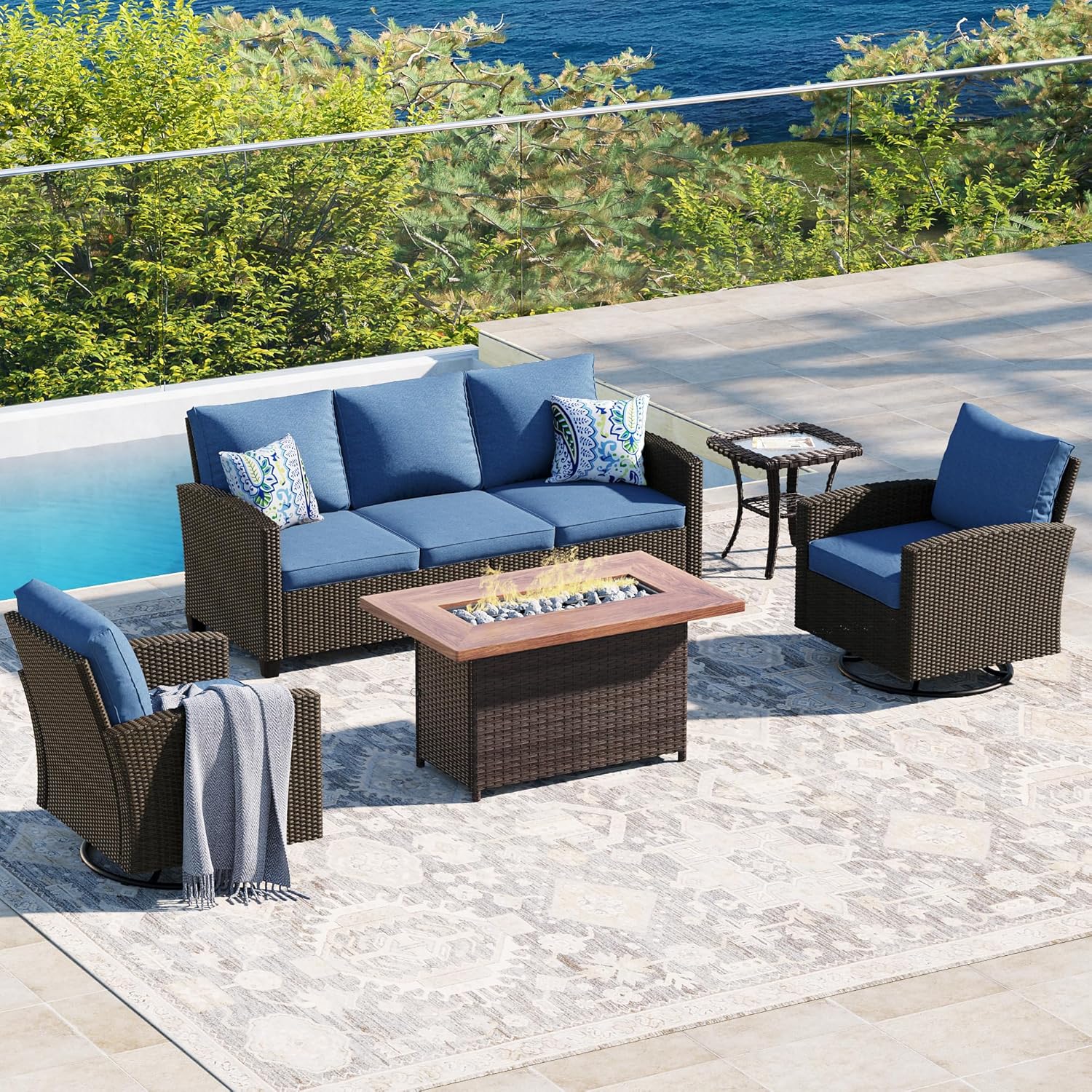  5 Pieces Outdoor Patio Furniture Set with Fire Pit Table, Rattan Wicker Patio Conversation Set with Cushioned 3-Seat Sofa Couch, Patio Loveseat, 2 Sofa Chairs for Garden Backyard Porch, Beige
