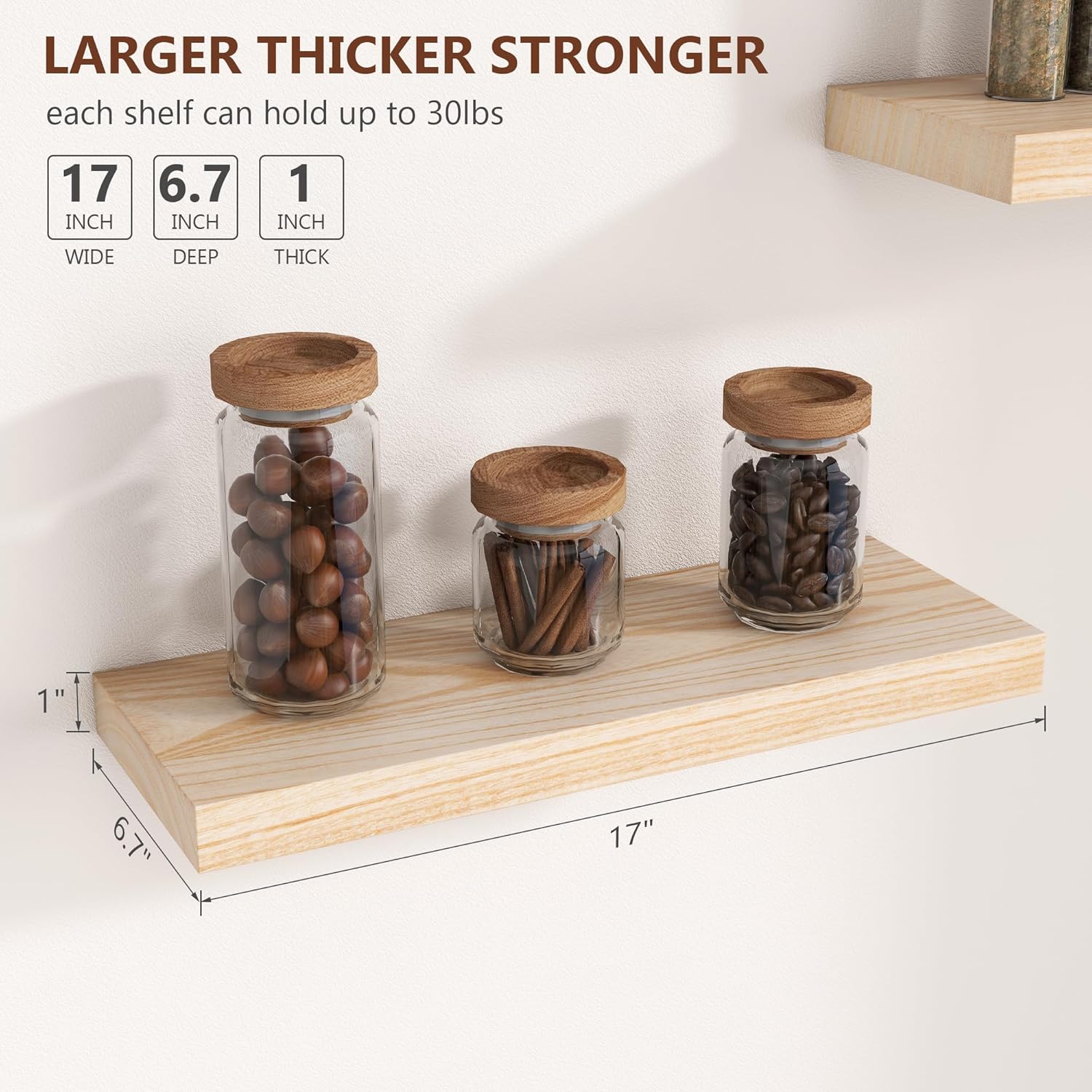 17 Inch Wide x 6.7 Inch Deep Natural Wooden Shelves