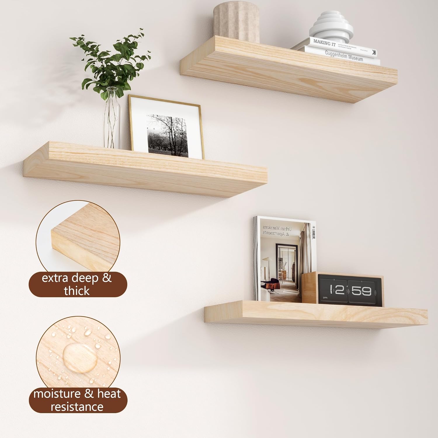 17 Inch Wide x 6.7 Inch Deep Natural Wooden Shelves