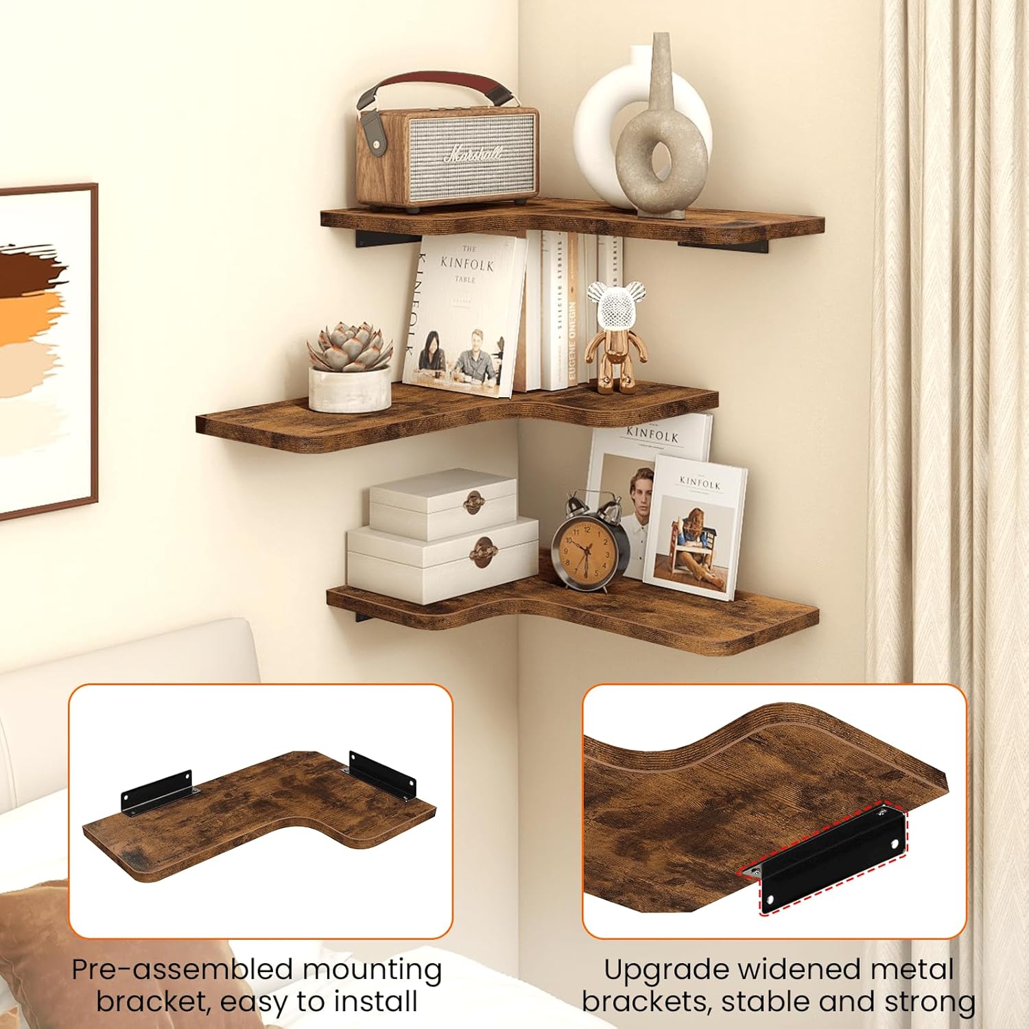 Set of 3 L Shape Wood Wall Storage Shelves