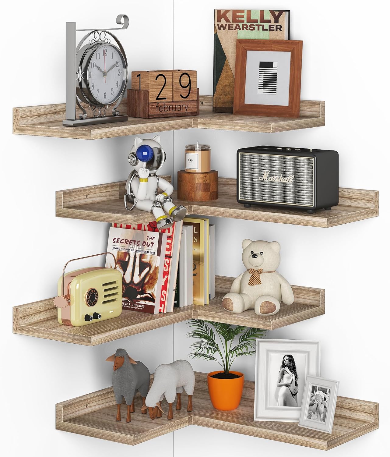Set of 4 Rustic Wooden Floating Corner Wall Shelf